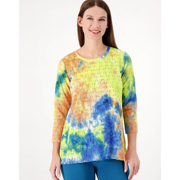 LOGO QVC Knit Eyelet Tie-Dye Top Wild Lime Size M 3/4 Sleeve Stretchy Tee - New - Picture 1 of 11